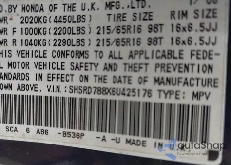 2006 Honda Cr-V Ex из США, поврежденный, VIN SHSRD788X6U425176